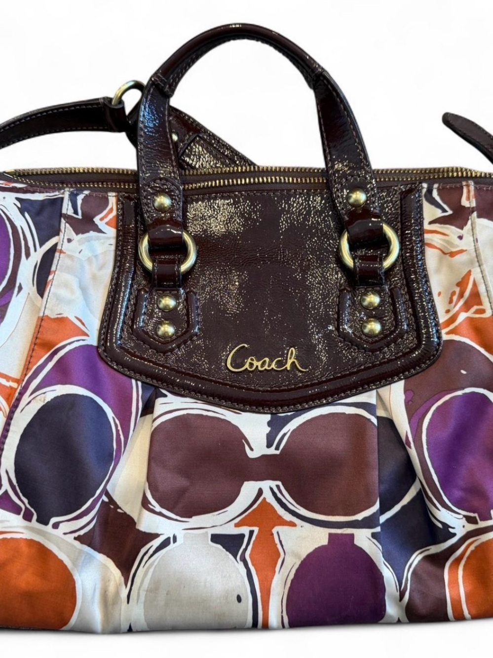 Coach Multicolor Printed Shoulder Bag with Dark Brown Patent Trim